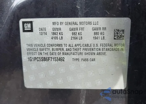 2015 Chevrolet Cruze 1Lt Auto из США, поврежденный, VIN 1G1PC5SB6F7153492